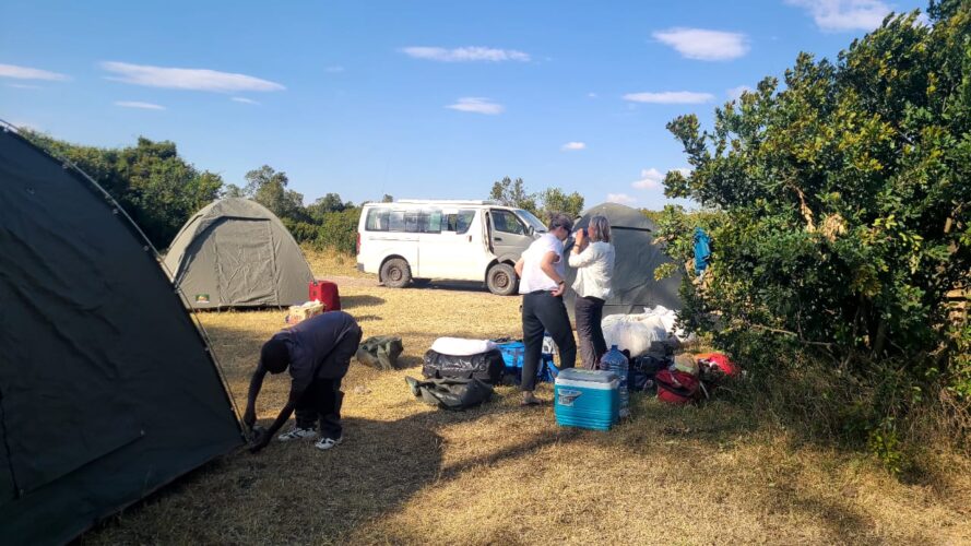 Safari crew preparing tents for camping on a 30-Day Epic Kenya Mobile Camping Expedition