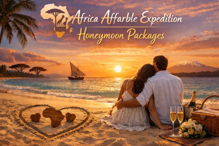 African Honeymoon Packages – Beach Romance Meets Safari Luxury Romantic beach honeymoon in Africa with a couple at sunset, showcasing Africa Affarble Expedition honeymoon packages.