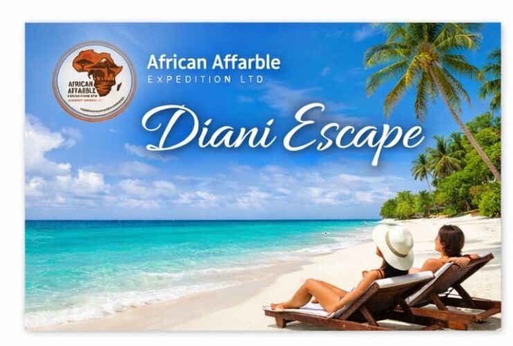 Diani Beach escape holiday package by African Affarble Expedition Limited, featuring white sand beaches and turquoise Indian Ocean waters